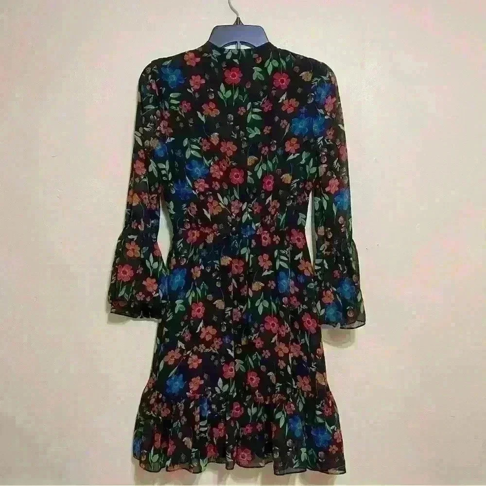 Calvin Klein Ruffle Bell Sleeve Floral Print Front Tie Dress Women Size 4 Spring - Picture 6 of 12